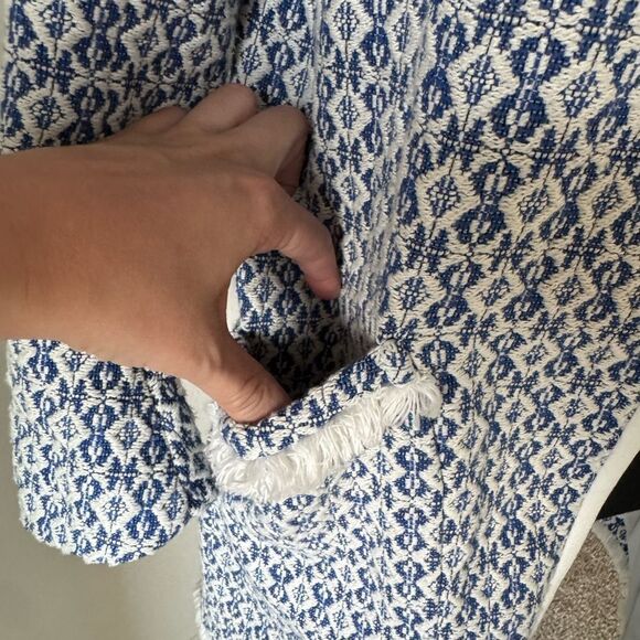 ZARA Basic BlueWhite Tweed Open Front Jacket Women’s XL Tribal Woven Fringe Coat - Picture 8 of 10